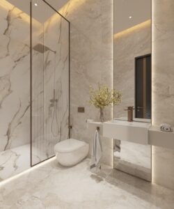 Da Manara apartment bathroom with modern fixtures, elegant design, and luxury residential interiors in Pakistan