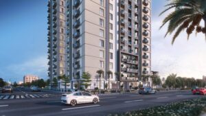 Exterior view of Da Manara luxury apartment building with modern architecture in Pakistan