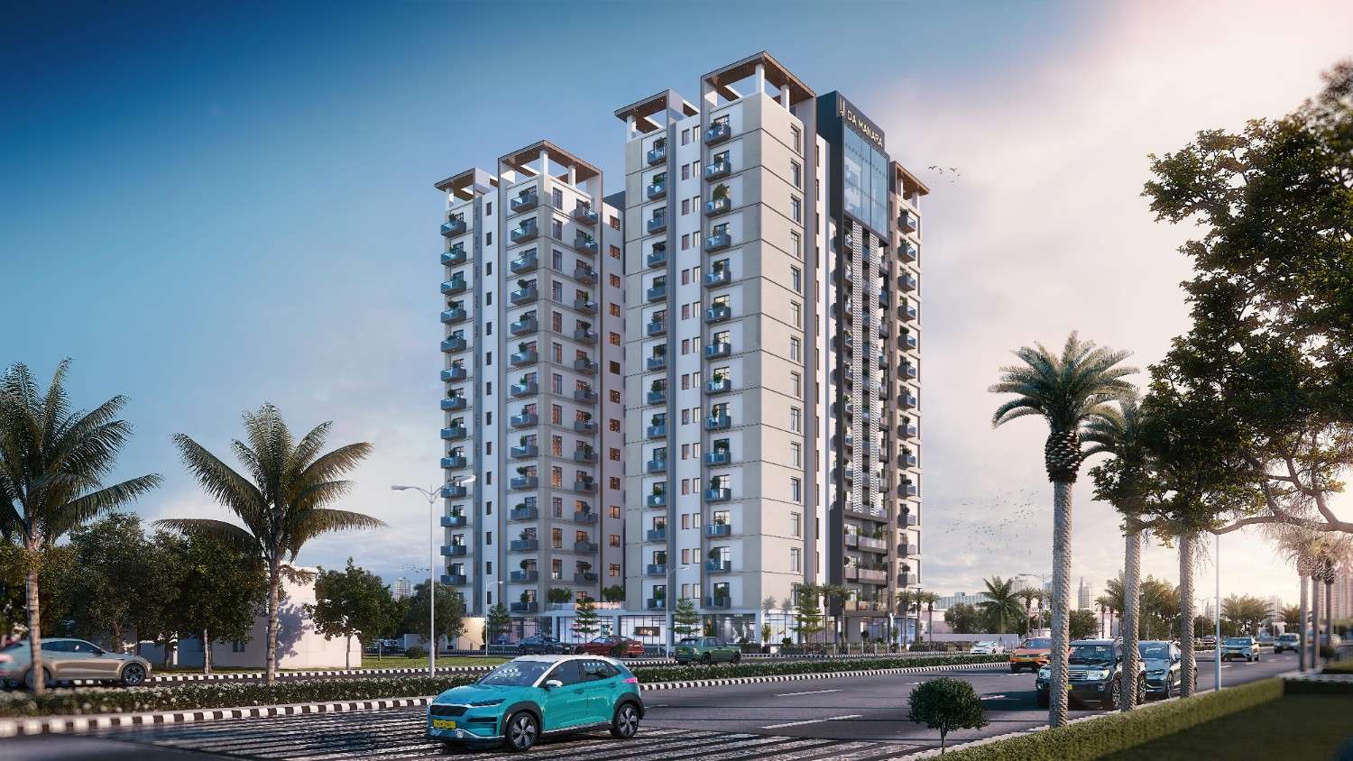 Exterior view of Da Manara luxury apartment building with modern architecture in Pakistan