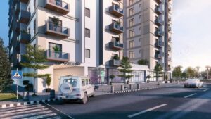 Exterior view of Da Manara luxury apartment building with modern architecture in Pakistan