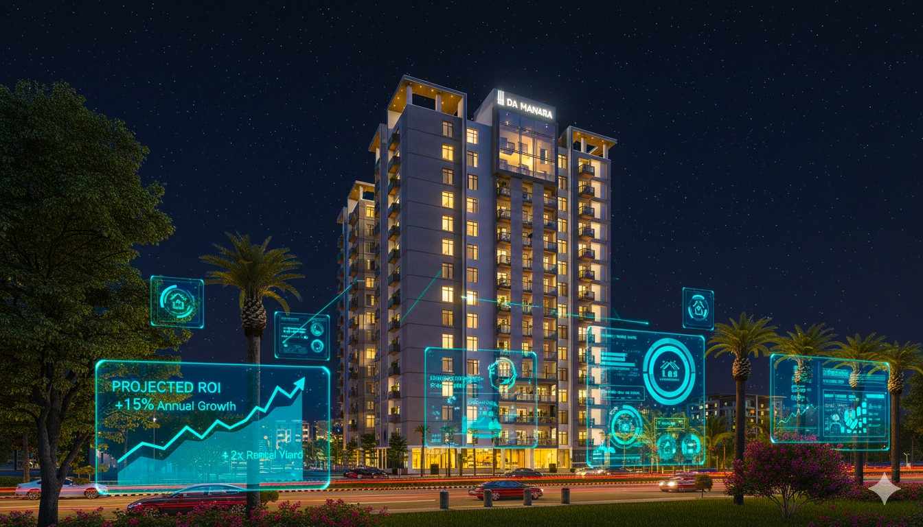 Brand identity design for DA MANARA, an investment and real estate company, featuring a modern 'M' monogram logo by Davisioners