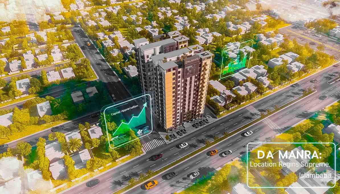 Promotional graphic for Da Manara, marketed as the best real estate investment in Islamabad with a high ROI, showcasing the project's logo and branding by Davisioners.